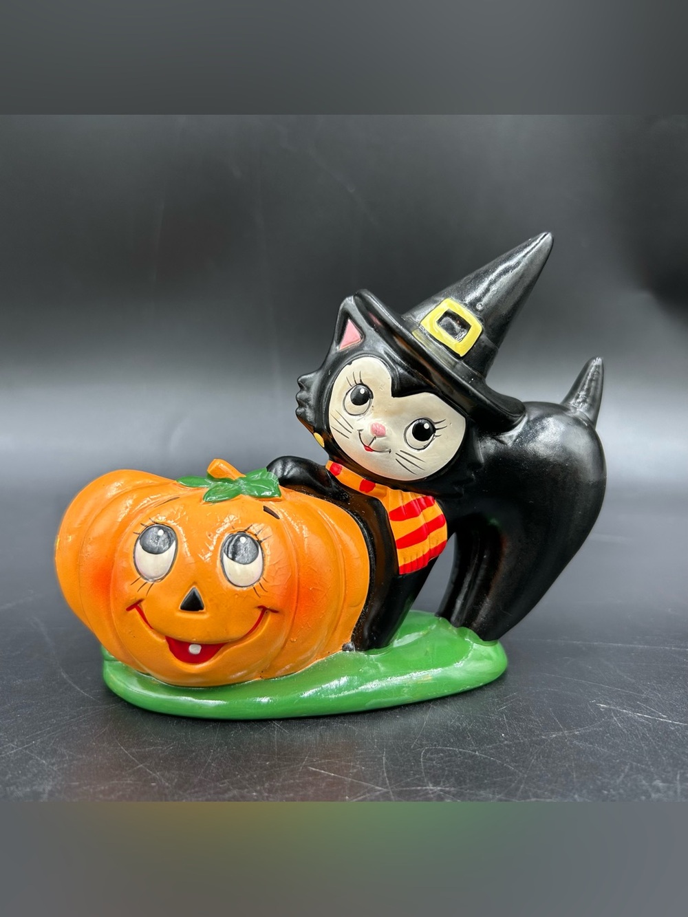 Vintage 1985 Lefton Halloween Black Cat Pumpkin Taper Candle Holder KMY 04755